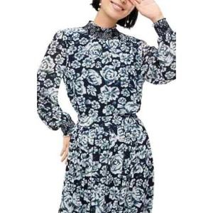 J Crew Navy Ikat Shaded Floral Crinkle Chiffon Smocked Blouse Blue White Mock